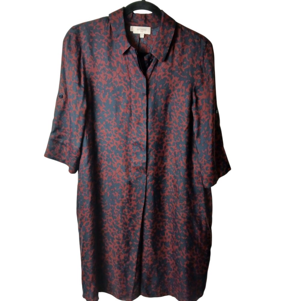 Hobbs London Shirt Dress Red,Navy Sz 4 Floral Pockets Lightweight Tab Elbow Slv